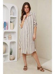 Rodier Lin Lniana sukienka w kolorze beżowo-granatowym rozmiar: XL/XXL. Brązowe sukienki Rodier Lin, xl, bez wzorów, ze lnu, bez kołnierzyka, bez ramiączek, midi. Za 186.63 zł.