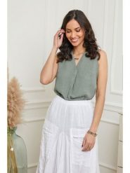 Le Monde du Lin Lniany top w kolorze zielonym rozmiar: 34/36. Zielone topy Le Monde du Lin, bez wzorów, ze lnu, klasyczne, bez kołnierzyka, bez ramiączek. Za 108.99 zł.