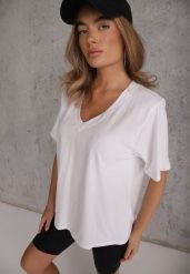 Biały T-shirt Bawełniany z Dekoltem w V Adozixie. Białe t-shirty Renee, bez wzorów, z bawełny, casualowe, bez kołnierzyka, bez ramiączek. Za 79.99 zł.