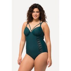 Damski Kostium kąpielowy dekolt typu halter miękkie miseczki fiszbiny. Zielone stroje jednoczęściowe Ulla Popken, bez wzorów, z elastanu, sportowe. Za 294.99 zł.
