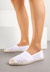 Białe Płaskie Espadryle z Ozdobną Perforacją Weorlisa. Białe espadryle Renee, bez wzorów, eleganckie, bez obcasa, na płaskiej podeszwie. W wyprzedaży za 32.99 zł.