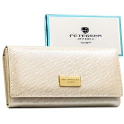 Portfel damski w kolorze ecru zamykany na zatrzask, mieszczący dowód rejestracyjny - Peterson. Portfele Peterson, bez wzorów, ze skóry ekologicznej. Za 79.99 zł.