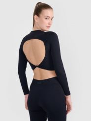4F Longsleeve treningowy crop-top z wycięciem na plecach damski - czarny M/L. Czarne topy 4f, l, bez wzorów, bez kołnierzyka, bez ramiączek. W wyprzedaży za 89.99 zł.