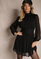 Czarna Rozkloszowana Sukienka z Półprzeźroczystymi Wstawkami i Stójką Gelabine. Czarne sukienki Renee, na co dzień, l, bez wzorów, eleganckie, bez kołnierzyka, bez ramiączek, mini, proste. W wyprzedaży za 111.99 zł.