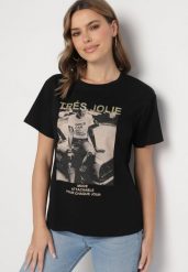 Czarny T-shirt z Bawełny Ozdobiony Nadrukiem i Brokatem Marionel. Czarne t-shirty Born2be, m, z aplikacjami, z bawełny, eleganckie, bez kołnierzyka, bez ramiączek. W wyprzedaży za 33.99 zł.