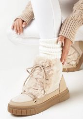 Beżowe Śniegowce Ozdobione Futerkiem Przy Sznurowaniu Avionea. Brązowe śniegowce Born2be, bez wzorów, z jeansu, bez zapięcia. Za 129.99 zł.