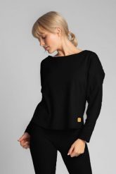 Luźna Bluzka z Dzianiny Prążkowanej - Czarna. Czarne bluzki MOE, l, bez wzorów, z bawełny, bez kołnierzyka, bez ramiączek. Za 259.90 zł.