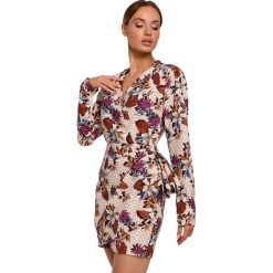 Elegancka ołówkowa sukienka mini z drapowaniem i nadrukiem. Sukienki Produkt Polski, na imprezę, l, bez wzorów, eleganckie, bez kołnierzyka, bez ramiączek, mini, ołówkowe. Za 289.00 zł.