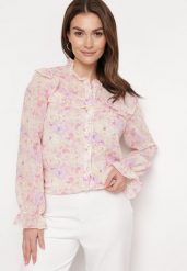 Różowa Koszula z Falbankami na Ramionach i przy Rękawach Eviolla. Czerwone koszule Born2be, l, bez wzorów, eleganckie, bez kołnierzyka, bez ramiączek. Za 149.99 zł.