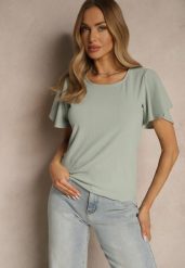Jasnozielona Bluzka z Rozkloszowanymi Rękawami Sunelva. Zielone bluzki Renee, m, bez wzorów, z jeansu, eleganckie, bez kołnierzyka, bez ramiączek. W wyprzedaży za 31.99 zł.