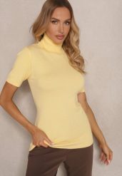 Żółty Golf z Dodatkiem Kaszmiru i Krótkim Rękawem Edirana. Żółte swetry Renee, bez wzorów, z jeansu, eleganckie, bez ramiączek. W wyprzedaży za 47.99 zł.
