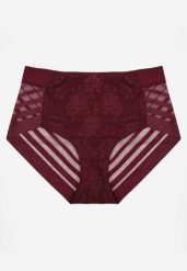 Bordowe Siateczkowe Majtki Figi High Waist z Koronkowymi Zdobieniami Heylih. Czerwone figi Renee, z aplikacjami, z koronki, z podwyższonym stanem. Za 19.99 zł.