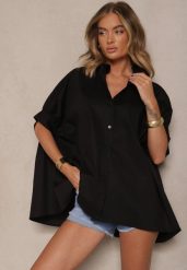 Czarna Koszula z Bawełny Oversize Zienessa. Czarne koszule Renee, bez wzorów, z bawełny, eleganckie, bez kołnierzyka, bez ramiączek. W wyprzedaży za 75.99 zł.