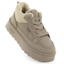 Botki damskie ocieplane sneakersy z kożuszkiem beżowe Big Star SS274105. Brązowe botki BIG STAR, bez wzorów, ze skóry ekologicznej, retro, bez obcasa, bez zapięcia. Za 159.99 zł.