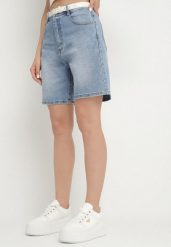 Niebieskie Jeansowe Szorty Bermudy z Wysokim Stanem Tenilorea. Niebieskie szorty Born2be, z aplikacjami, z jeansu, eleganckie. W wyprzedaży za 67.99 zł.