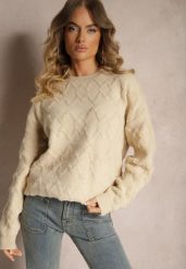 Beżowy Luźny Sweter o Pudełkowym Kroju i Tłoczonym Splocie ze Ściągaczami Elomara. Brązowe swetry Renee, bez wzorów, z jeansu, casualowe, bez ramiączek. W wyprzedaży za 127.99 zł.