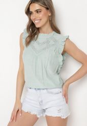 Miętowy Top bez Rękawów z Ozdobnymi Falbankami Sunera. Zielone topy Born2be, s, bez wzorów, z jeansu, eleganckie, bez kołnierzyka, bez ramiączek. W wyprzedaży za 55.24 zł.