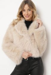 Beżowa Futerkowa Kurtka o Krótkim Kroju z Eleganckim Kołnierzem Tazamisa. Brązowe kurtki Born2be, m, bez wzorów, z jeansu, eleganckie, bez kaptura. Za 199.99 zł.