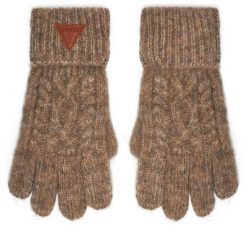 Rękawiczki Damskie Guess. Brązowe rękawiczki Guess, z aplikacjami, z dzianiny. Za 129.99 zł.