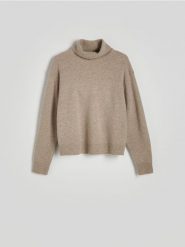 Wełniany sweter z kaszmirem - beżowy. Brązowe swetry Reserved, l, bez wzorów, z dzianiny, bez ramiączek. W wyprzedaży za 199.99 zł.