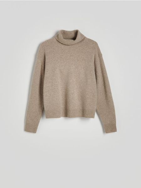 Wełniany sweter z kaszmirem - beżowy. Brązowe swetry Reserved, l, bez wzorów, z dzianiny, bez ramiączek. W wyprzedaży za 199.99 zł.