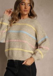 Beżowy Sweter o Nietoperzowym Fasonie z Dodatkiem Wełny w Paseczki Ralinatia. Brązowe swetry Renee, bez wzorów, z jeansu, casualowe, bez ramiączek. Za 149.99 zł.
