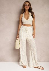 Beżowe Spodnie High Waist o Ażurowym Wykończeniu z Gumką w Talii Gralefia. Brązowe jeansy Renee, w ażurowe wzory, z jeansu, z podwyższonym stanem. W wyprzedaży za 107.99 zł.