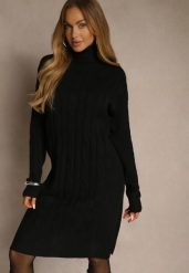 Czarna Sukienka Sweterkowa z Golfem Wełną Bawełną i Ozdobnym Splotem Reilenea. Czarne sukienki Renee, na spotkanie biznesowe, l, bez wzorów, z bawełny, eleganckie, bez kołnierzyka, bez ramiączek, midi. Za 79.99 zł.