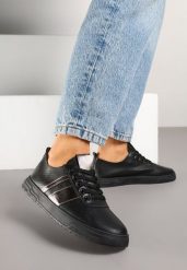 Czarne Tenisówki Ozdobione Paskami Meloti. Czarne trampki Renee, bez wzorów, z jeansu, eleganckie, bez zapięcia. W wyprzedaży za 47.99 zł.