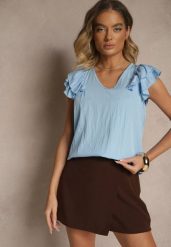 Niebieska Bluzka z Wiskozą i Falbankami Divama. Niebieskie bluzki Renee, bez wzorów, z wiskozy, eleganckie, bez kołnierzyka, bez ramiączek. W wyprzedaży za 43.99 zł.