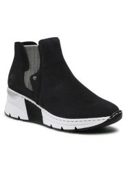 Rieker Botki X6361-14A Granatowy. Niebieskie botki Rieker, bez wzorów, ze skóry, bez obcasa, na koturnie, bez zapięcia. Za 299.99 zł.