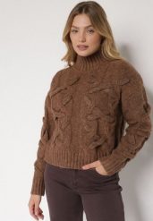 Brązowy Golf z Domieszką Wełny Zdobiony Oryginalnym Splotem Fedwira. Brązowe swetry Born2be, na zimę, uniwersalny, z aplikacjami, z jeansu, biznesowe, bez ramiączek. Za 159.99 zł.