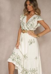 Biało-Zielona Kopertowa Sukienka z Wiskozy Ozdobiona Haftem i Paskiem Nilatea. Białe sukienki Renee, l, bez wzorów, z materiału, eleganckie, bez kołnierzyka, bez ramiączek, midi, kopertowe. Za 119.99 zł.