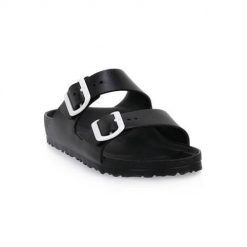 Klapki damskie Birkenstock Arizona Eva Calz S. Czarne klapki Birkenstock, bez wzorów, z materiału, eleganckie, bez obcasa, bez zapięcia. Za 452.00 zł.