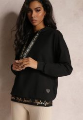 Czarna Bluza z Błyszczącymi Napisami i Cyrkoniami Faenora. Czarne bluzy Renee, xs, bez wzorów, z jeansu, bez kaptura. W wyprzedaży za 47.99 zł.