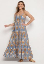 Niebiesko-Beżowa Sukienka o Rozkloszowanym Kroju Boho na Cienkich Ramiączkach Tosave. Niebieskie sukienki Born2be, na co dzień, l, z aplikacjami, boho, bez kołnierzyka, bez ramiączek, midi, proste. Za 89.99 zł.