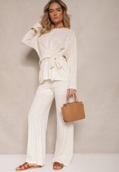 Beżowy Komplet Spodnie o Szerokim Kroju i Bluzka z Wiązaniem w Talii Dilinne. Brązowe bluzki Renee, bez wzorów, z jeansu, eleganckie, bez kołnierzyka, bez ramiączek. W wyprzedaży za 135.99 zł.