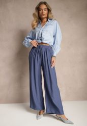 Granatowe Spodnie o Szerokim Kroju High Waist z Wiązaniem Fenalin. Niebieskie jeansy Renee, bez wzorów, z jeansu, eleganckie, z podwyższonym stanem. W wyprzedaży za 35.99 zł.