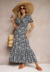 Granatowa Trapezowa Sukienka z Bawełny z Bufiastymi Rękawami Falbaną i Gumką w Talii Vimayana. Niebieskie sukienki Renee, na spotkanie biznesowe, l, bez wzorów, z bawełny, bez kołnierzyka, bez ramiączek, maxi, trapezowe. Za 49.99 zł.