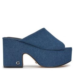 Klapki Guess. Niebieskie klapki Guess, z aplikacjami, bez obcasa, bez zapięcia. Za 519.99 zł.