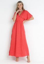Czerwona Sukienka Maxi w Kropki z Gumką w Pasie i Rozcięciami Crasses. Czerwone sukienki Born2be, m, bez wzorów, bez kołnierzyka, bez ramiączek, maxi, rozkloszowane. W wyprzedaży za 132.99 zł.