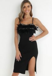 Czarna Sukienka Dopasowana z Piórkami przy Dekolcie Heleitte. Czarne sukienki Born2be, na imprezę, s, bez wzorów, z dzianiny, bez kołnierzyka, bez ramiączek, midi, dopasowane. W wyprzedaży za 132.99 zł.