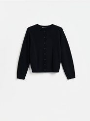 Wełniany kardigan - czarny. Czarne swetry Reserved, l, bez wzorów, z wełny, bez ramiączek. Za 179.99 zł.