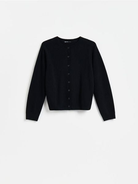 Wełniany kardigan - czarny. Czarne swetry Reserved, l, bez wzorów, z wełny, bez ramiączek. Za 179.99 zł.