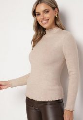 Ciemnobeżowy Sweter z Wełną i Ozdobną Falbanką przy Dekolcie Seanoria. Brązowe swetry Born2be, l, z aplikacjami, z jeansu, eleganckie, bez ramiączek. W wyprzedaży za 76.49 zł.