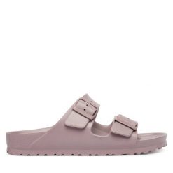 Klapki Birkenstock. Fioletowe klapki Birkenstock, bez wzorów, bez obcasa, bez zapięcia. Za 229.99 zł.