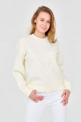 GUESS Damska bluza w kolorze ecru z dużym logo. Białe bluzy Guess, s, z aplikacjami, z wiskozy, bez ramiączek, bez kaptura. W wyprzedaży za 303.99 zł.
