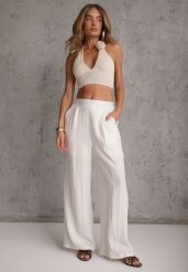 Beżowe Szerokie Spodnie Casual High Waist ze Strukturalnej Tkaniny Hyrarpia. Brązowe spodnie materiałowe Renee, bez wzorów, z jeansu, casualowe, z podwyższonym stanem. Za 89.99 zł.