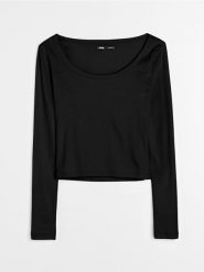 Bawełniana bluzka z długim rękawem - czarny. Czarne bluzki Sinsay, l, bez wzorów, z bawełny, bez kołnierzyka, bez ramiączek. Za 19.99 zł.