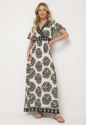 Beżowo-Czarna Wiskozowa Sukienka Rozkloszowana z Kopertowym Dekoltem w Boho Wzór Paldena. Czarne sukienki Born2be, na co dzień, l, z aplikacjami, z wiskozy, boho, bez kołnierzyka, bez ramiączek, maxi, kopertowe. Za 119.99 zł.